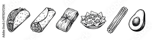 Six hand-drawn black and white Mexican food illustrations, including a taco, burrito, tamale, nachos, churro, and avocado, rendered in a detailed sketch style