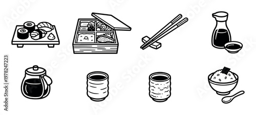 Japanese food icons set featuring traditional cuisine elements and dining tools, including sushi, a bento box, chopsticks, soy sauce, rice, and tea cups in a clean line art style.