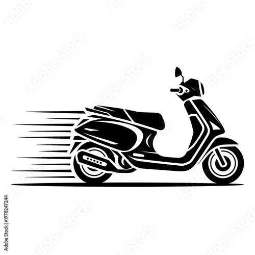 Black and white motor scooter speeding to the right side fast motion lines