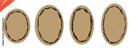 Oval frames set, border with rough segmented crayon on paper cutout for text box. Round oval frame in craft paper with callout ellipse and hand drawn line. Vector border set for journal and scrapbook.