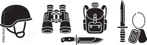 Black silhouette of military and survival gear including helmet binoculars backpack knives and dog tags