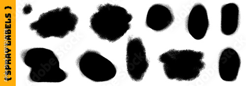 Spray paint label shapes for sale promo and text overlay. Black paint spot patches with rough textured edges on white. Urban graffiti vector aerosol spray set for banner and tag promo sticker isolated