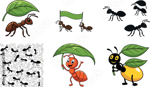 Ant vector illustration set with cartoon characters, silhouettes and different poses carrying leaf, insect collection isolated on white background
