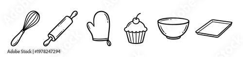 Baking tools and ingredients are essential for creating delicious homemade treats, represented by a whisk, rolling pin, oven mitt, cupcake, mixing bowl, and baking tray.
