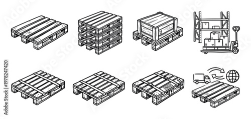 Set of hand-drawn wooden pallet illustrations showing various logistics and warehouse concepts, including stacking, shipping crates, pallet jacks