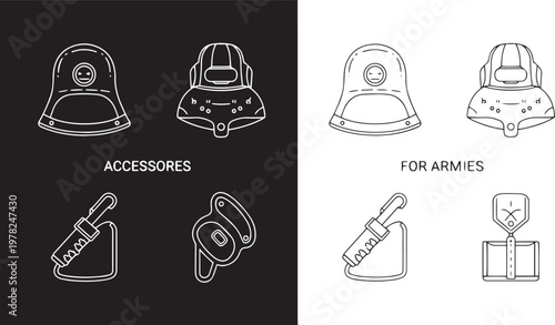 Line of helmets and accessories for armies on black and white backgrounds accessory army military soldier