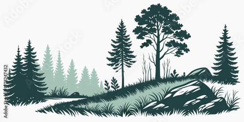 Minimalist graphic forest landscape with pine trees and large rocks in a serene natural outdoor setting landscape wilderness woodland illustration evergreen background botanical