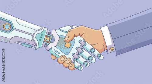 Vector illustration of a human man and a robot shaking hands rendered in pastel colors