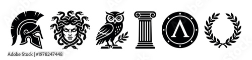 Ancient Greek mythology symbols and classical elements are displayed as a set of black vector icons representing historical culture and legendary figures.