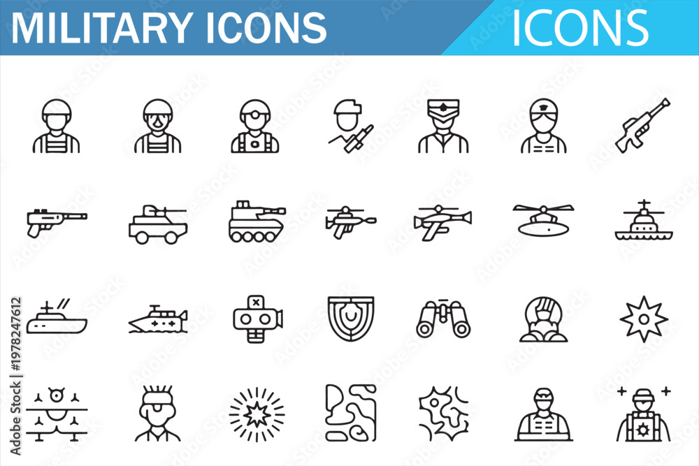 Fototapeta premium Military symbols and equipment icons set war army vector bundle