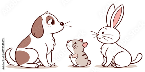 Vector drawing of playful dog rabbit and hamster pet friends with illustration domestic together friendly adorable stylized companion creature collection whiskers portrait