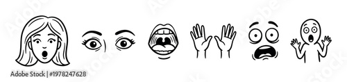 Hand-drawn doodle icons showing expressions of shock, surprise, awe, and panic with wide eyes, open mouths, and raised hands in a simple monochrome line art style