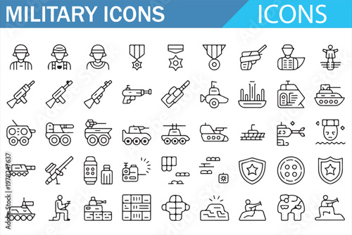 Military vector icons pack war equipment weapons and strategy symbols