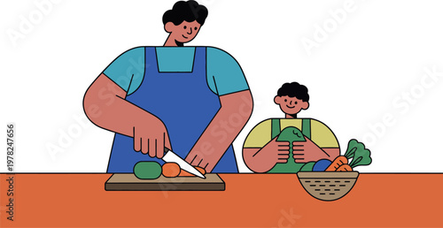 Heartwarming fathers day illustration dad and son cooking together in the kitchen