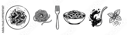 Hand drawn black and white pasta illustrations set featuring penne on a plate, spaghetti, a fork, noodles in a bowl, splashing sauce, and basil garnish in a vintage sketch style
