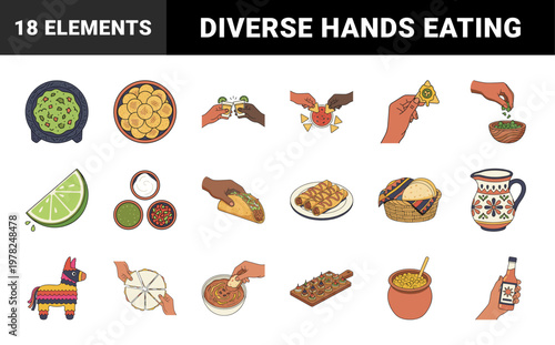 Hands Sharing Nachos and Salsa Vector