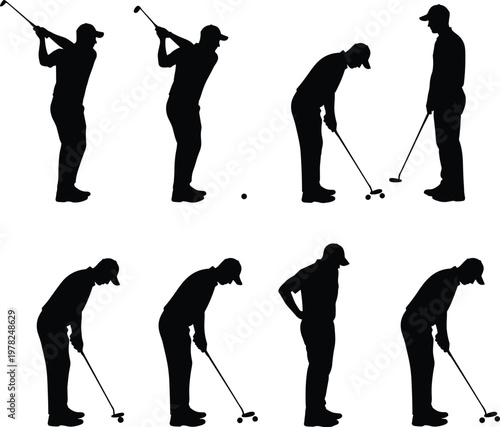 Silhouette sequence of golfer practicing swing and putting stances with club and ball, demonstrating technique, posture, and form for sports training illustration