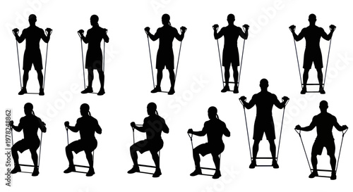 Fitness Silhouette Collection: Man Exercising with Resistance Bands (Standing & Seated)