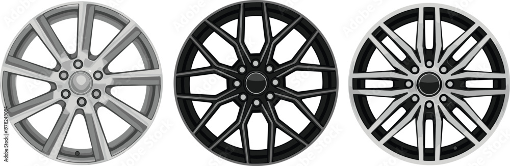 Obraz premium Realistic alloy wheel rim collection modern car wheel design set metallic silver and black automotive rims isolated vector illustration