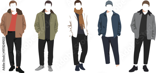Clean flat design male clothing collection featuring five full body outfits with modern casual streetwear styling variations
