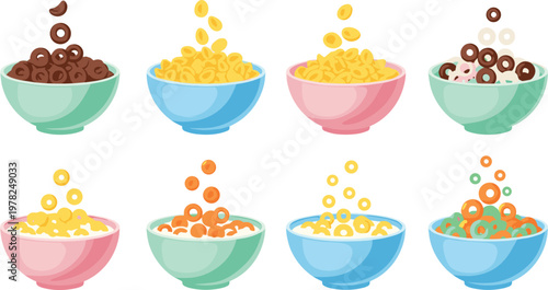 Colorful cereal bowls collection with milk and floating rings breakfast food set sweet cornflakes chocolate loops isolated flat vector illustration