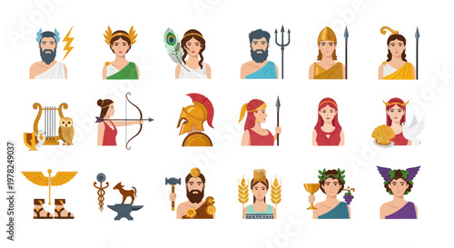 Ancient Greek Gods and Goddesses Pantheon Icons Set