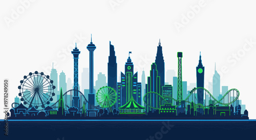 Amusement Park Skyline Silhouette - Ferris Wheel, Roller Coaster, Towers, Cityscape
