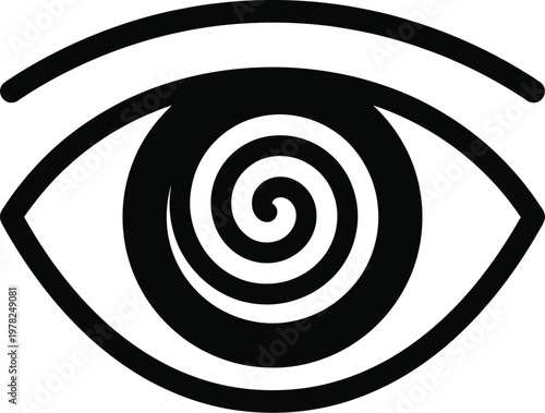 Hypnotic eye with black spiral pupil symbolizing fascination illusion vision and deep concentration in a minimalist black and white graphic design concept