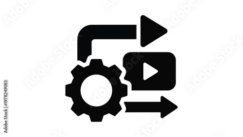 Black gear icon with play button and arrows on for video production and editing