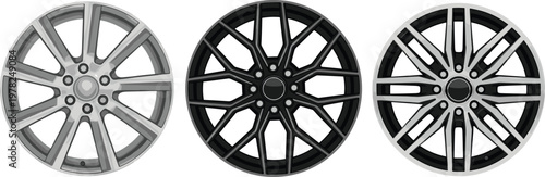 Realistic alloy wheel rim collection modern car wheel design set metallic silver and black automotive rims isolated vector illustration
