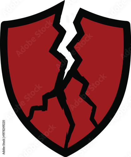 Broken red shield icon representing cybersecurity failure digital vulnerability risk concept minimalist vector graphic design illustration featuring a cracked protective barrier symbol on a plain