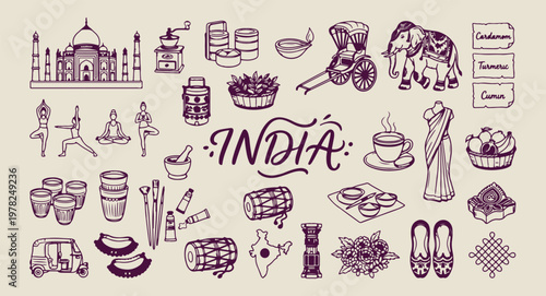 India travel icons, Indian heritage doodles, traditional tea and food, Indian landmark illustration, cultural India vector, Incredible India graphic, Indian festival symbols

