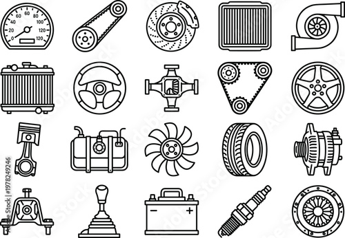 Set of automotive spare parts icons including engine radiator steering wheel turbocharger and transmission components in outline style