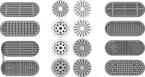 Industrial ventilation grille and drain cover collection metal air vents round and rectangular sewer covers mechanical pattern vector illustration set isolated