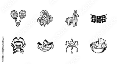 Mexican Fiesta Celebration Line Art Elements