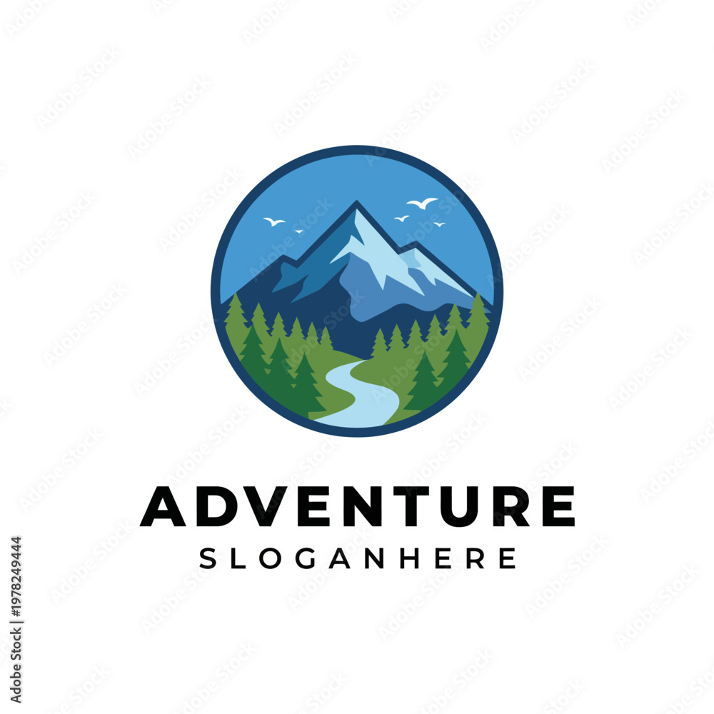 Fototapeta premium A beautiful logo depicting a mountain landscape with a river, symbolizing adventure, exploration, and the tranquility of nature for outdoor enthusiasts.