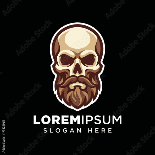 This skull logo design features a beard that symbolizes strength and resilience, presented in a stylish artistic manner that evokes a sense of mystery and boldness.