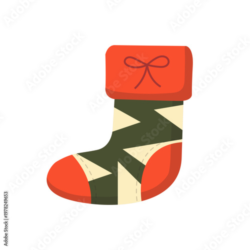 Adobe Stock - Festive Christmas Stocking with Geometric Pattern, Red and Green Design, Holiday Decor Vector Illustration