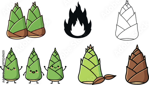 Bamboo shoot vector illustration set featuring edible shoots cartoon characters and outline icons with fresh organic vegetable elements isolated