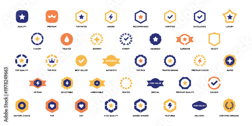 Variety of geometric badges and icons for product quality and service ratings with trusted brand premium choice editors choice high quality award winner certified organic superior