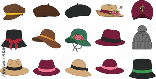 Flat vector hat collection featuring stylish fashion headwear beret fedora sun hat winter cap traditional and modern accessories isolated illustration set