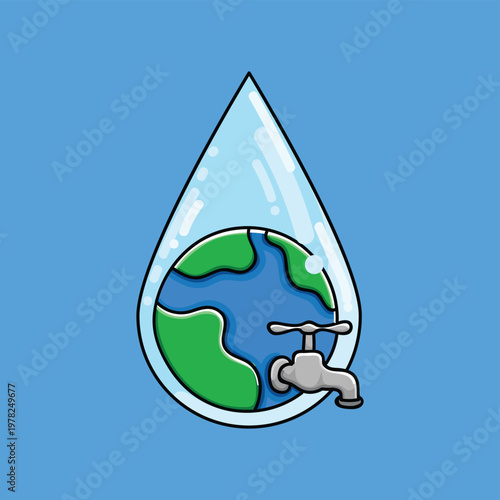 Earth Water Drop With Faucet Symbolizing Water Conservation, Global Resource Protection And Sustainability