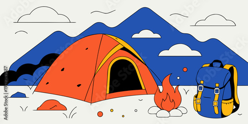 Graphic illustration of a camping site featuring an orange tent campfire and backpack against mountain range campfire backpack mountain adventure wilderness landscape exploration