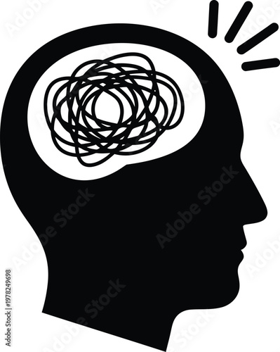 Black and white silhouette of a human head with a tangled mess inside the brain representing stress mental health struggles psychological confusion and complex cognitive overload on a white