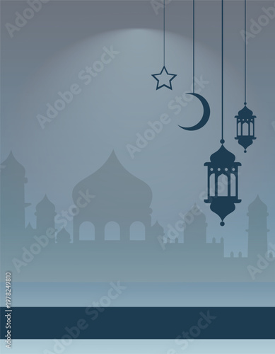 Gray background with illustration of light and silhouette of mosque building with moon and star lantern hanging for Islamic holiday themed background.