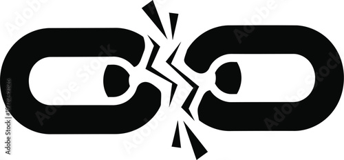 Broken chain link symbol illustrating security failure or connection disruption in minimalist flat vector design style isolated on a clean white background for professional digital communication