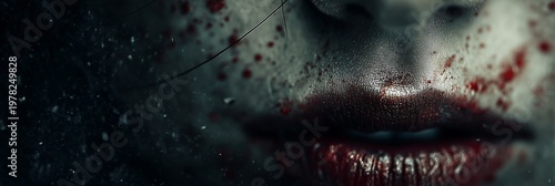 A close-up of a sinister, smeared smile glows in the dark, embodying chaos and menace with its eerie, dramatic lighting.