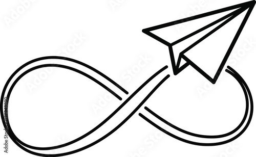 Minimalist black and white drawing of a paper airplane taking flight from an infinity symbol representing limitless possibilities dreams travel and continuous journey on a clean white background