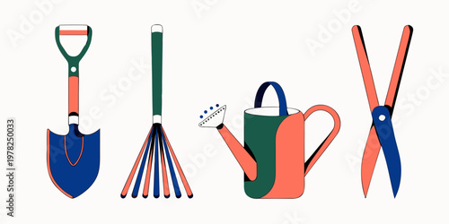 Modern vector icons of gardening equipment comprising a shovel rake colorful watering can large pruning shears with gardening watering scissors equipment agriculture horticulture