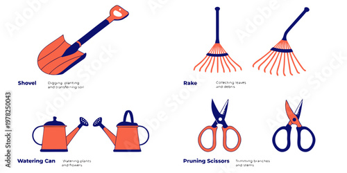 Vector illustration set of essential garden tools including shovel rake watering can pruning scissors for gardening activities with gardening watering scissors equipment agriculture